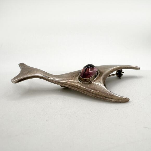 Sigi Pineda Taxco Abstract Fish Brooch Modern Sterling Silver Amethyst Vintage - Picture 5 of 13